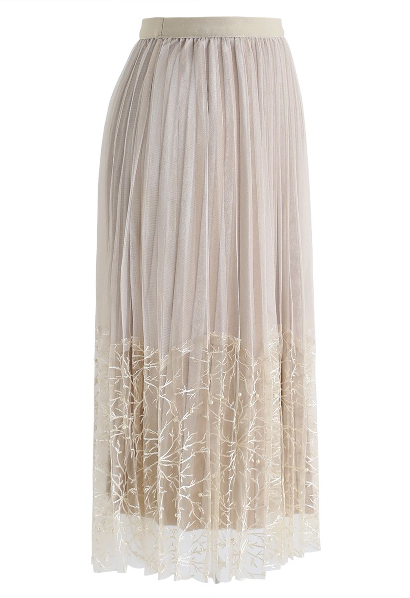 Pearls Embroidered Mesh Velvet Pleated Skirt in Cream - Retro, Indie ...