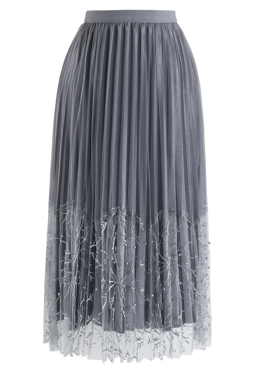 Pearls Embroidered Mesh Velvet Pleated Skirt in Grey - Retro, Indie and ...