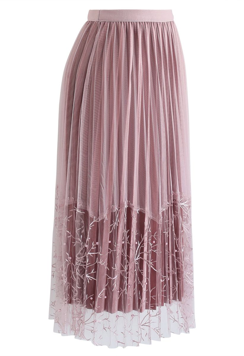 Pearls Embroidered Mesh Velvet Pleated Skirt in Pink - Retro, Indie and ...