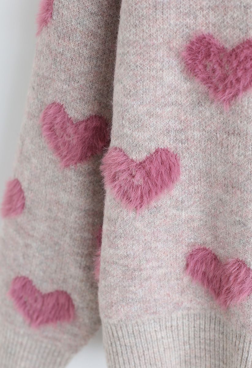Contrast Color Fuzzy Hearts Knit Sweater - Retro, Indie and Unique