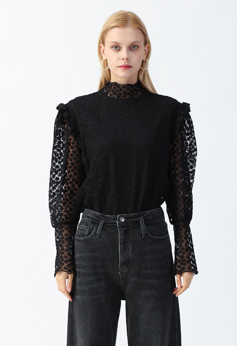 Full of Daisy Embroidered Ruffle Mesh Top in Black - Retro, Indie and ...
