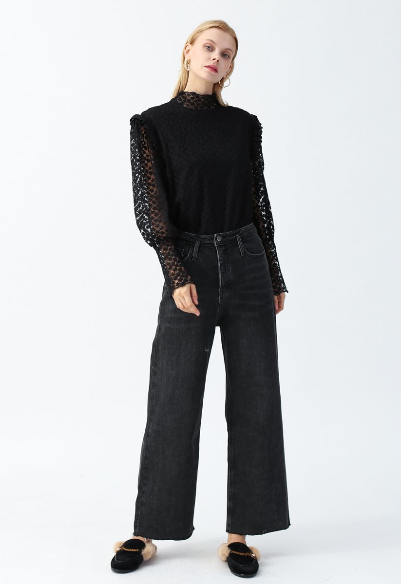 Full of Daisy Embroidered Ruffle Mesh Top in Black