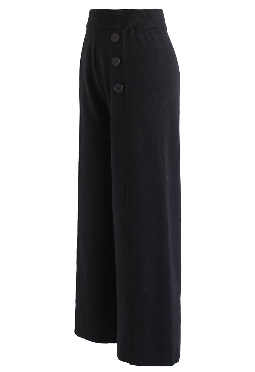 Button Decorated Wide-Leg Knit Pants in Black - Retro, Indie and Unique ...