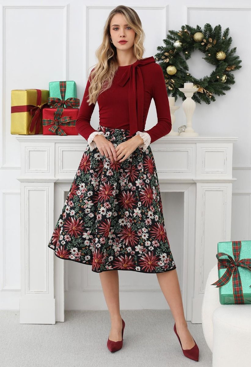 Daisy Garden Side Pocket A-Line Midi Skirt