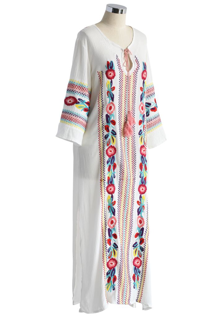 Boho Blossom Maxi Crepe Dress in White - Retro, Indie and Unique Fashion