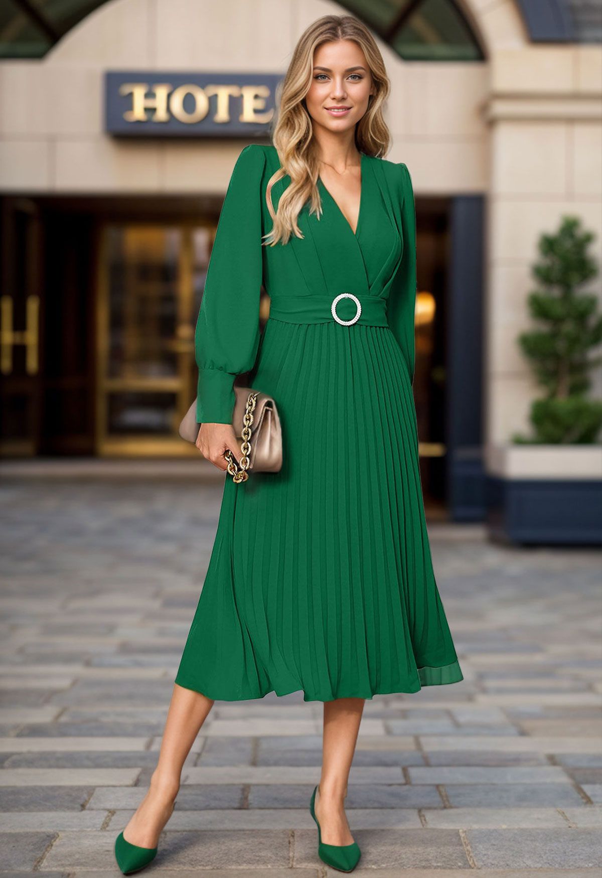 Graceful Pleats Faux Wrap Belted Midi Dress in Green