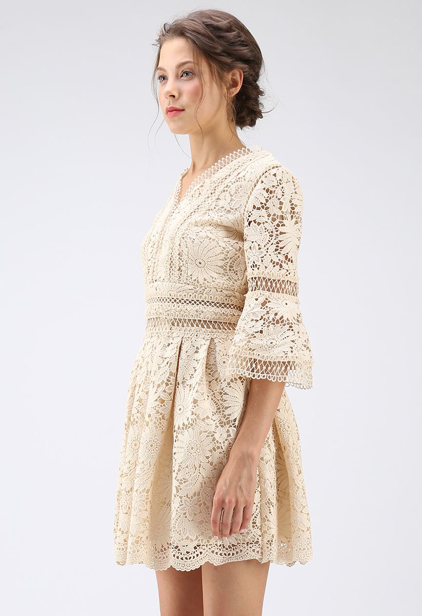 Flourish Floral Bell Sleeves Full Crochet Dress in Apricot - Retro ...