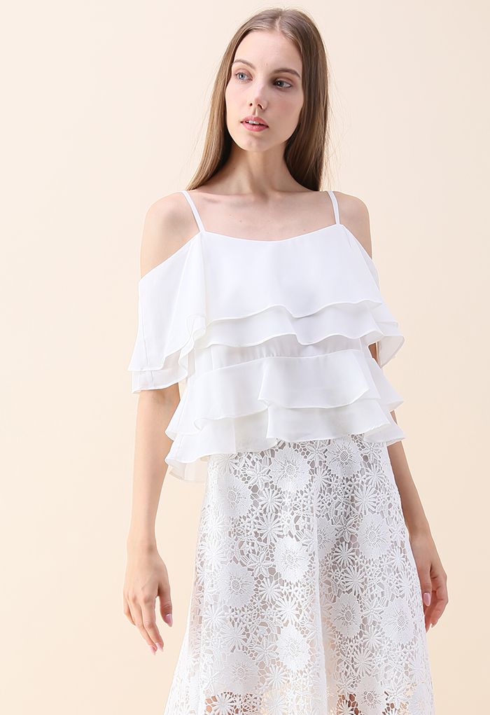 Tiered Animation Chiffon Cold-shoulder Top in White - Retro, Indie and ...