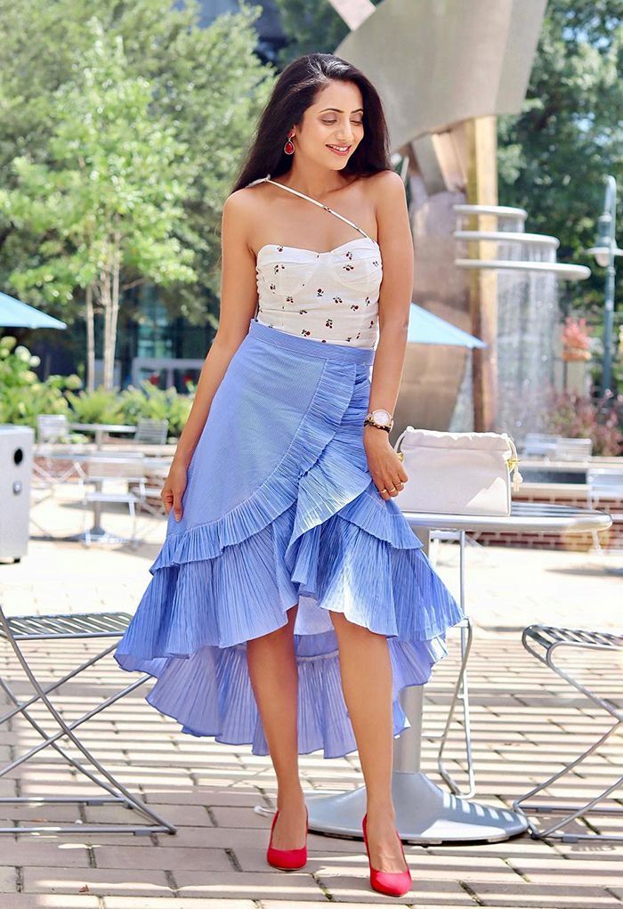 Applause of Ruffle Tiered Frill Hem Skirt in Blue Stripes