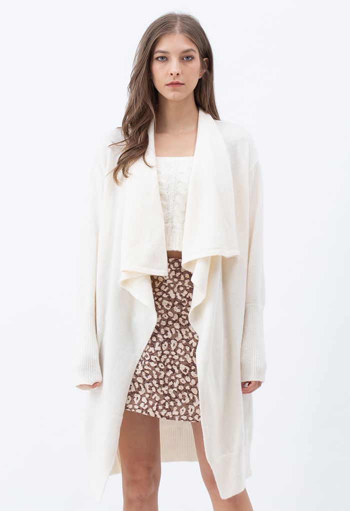 Cable & Gauge Ruched Back Beige Open Waterfall Cardigan - Women's