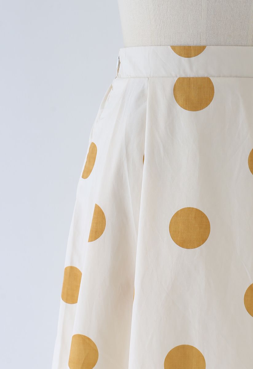 Contrast Polka Dots Print Midi Skirt in Light Yellow