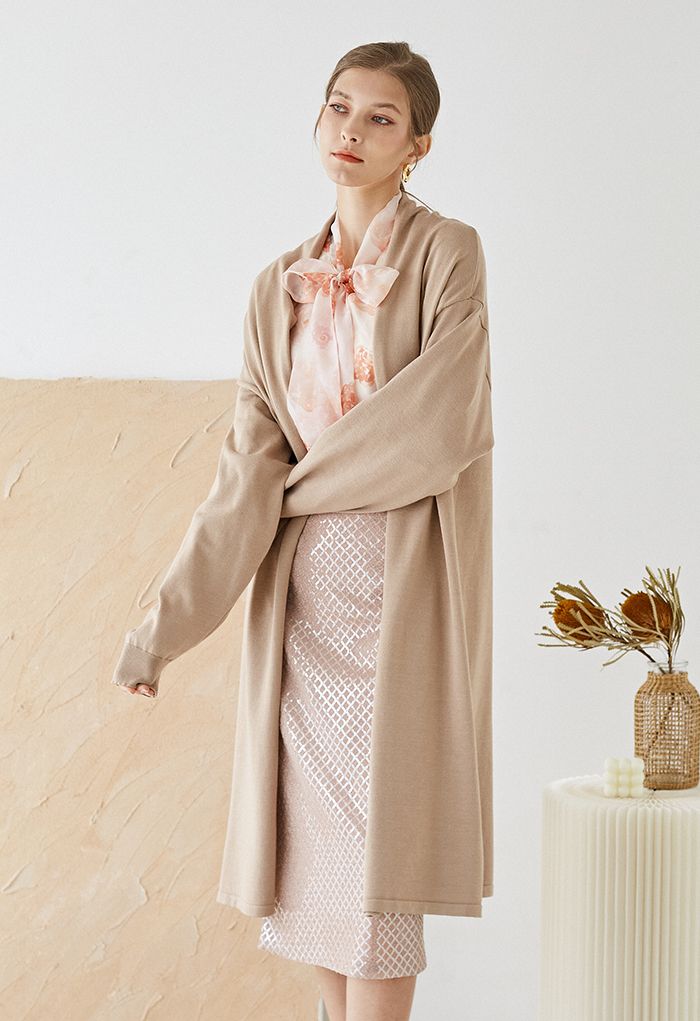 Shawl Collar Loose Longline Cardigan in Camel