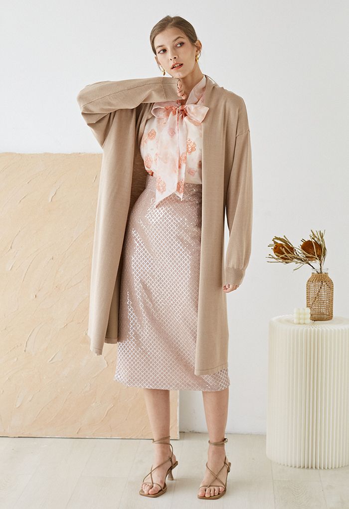 Shawl Collar Loose Longline Cardigan in Camel