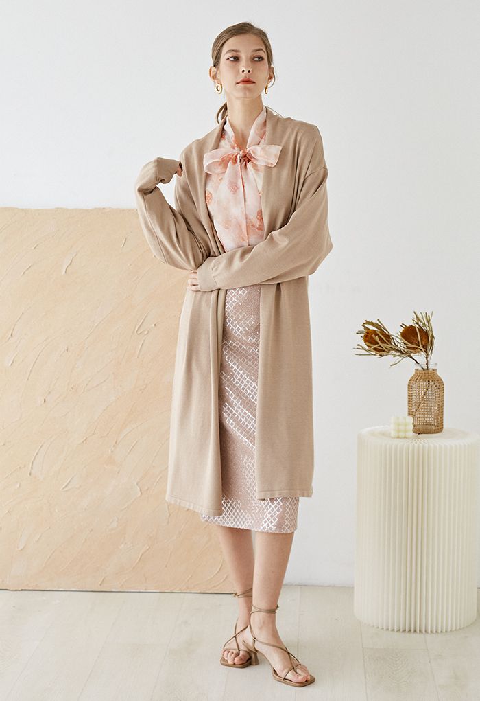 Shawl Collar Loose Longline Cardigan in Camel