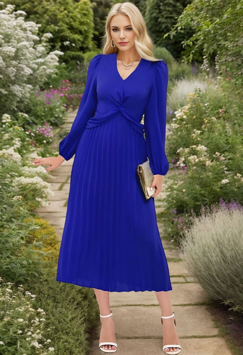 V-Neck Twisted Front Pleated Dress in Indigo