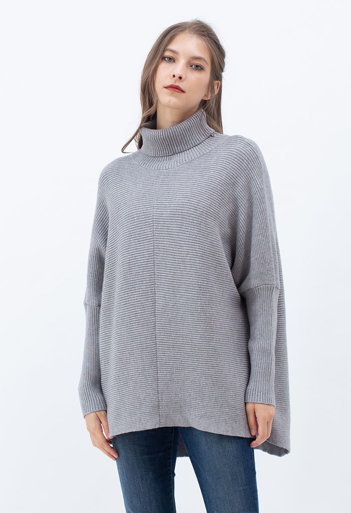 Effortless Chic Turtleneck Batwing Sleeve Hi-Lo Sweater in Grey - Retro ...