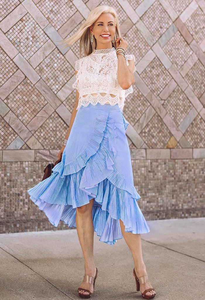 Applause of Ruffle Tiered Frill Hem Skirt in Blue Stripes - Retro