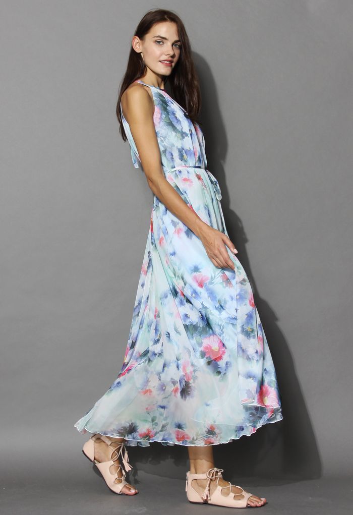 Tranquil Blue Watercolor Floral Maxi Slip Dress - Retro, Indie and ...
