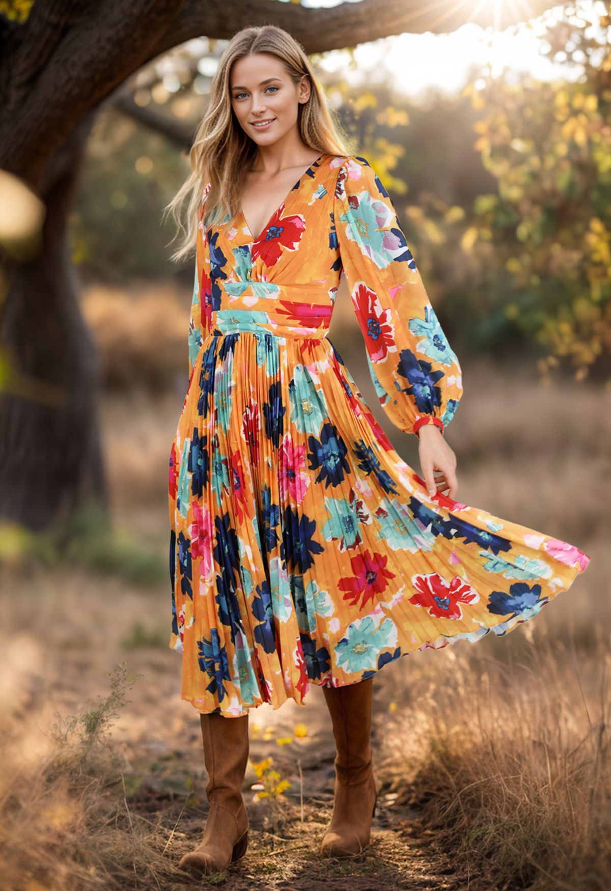 Orange Floral Cut Out Back Pleated Satin Dress Retro Indie and Unique Fashion