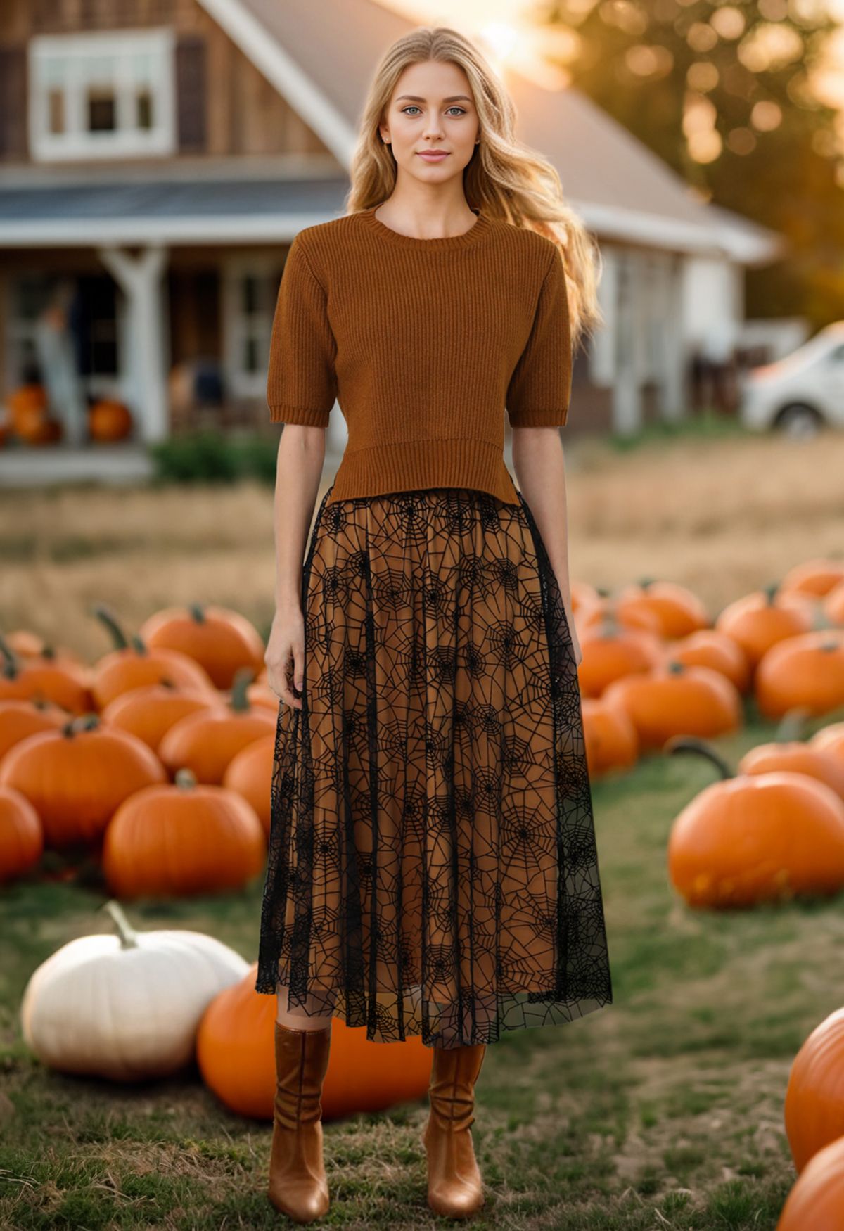 Cobweb Mystique Mesh Tulle Midi Skirt in Pumpkin