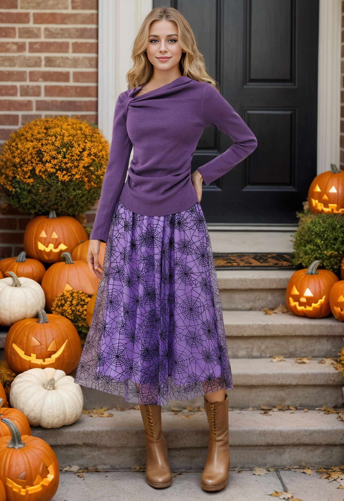 Cobweb Mystique Mesh Tulle Midi Skirt in Purple