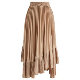 Asymmetric Hem Pleated Midi Skirt in Tan - Retro, Indie and Unique Fashion