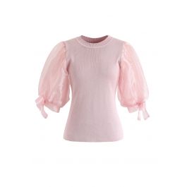 Organza Bubble Sleeves Knit Top in Pink - Retro, Indie and Unique Fashion