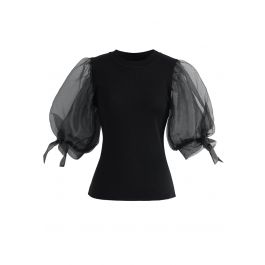 Organza Bubble Sleeves Knit Top in Black - Retro, Indie and Unique Fashion