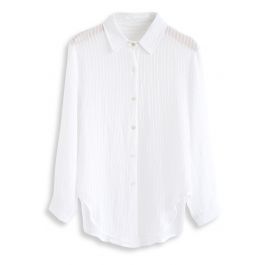 Stripe Texture Button Down Sleeves Shirt in White - Retro, Indie and ...