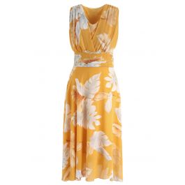 Mustard Tropical Leaf Pleated Sleeveless Chiffon Dress - Retro, Indie ...