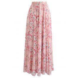 Butterfly and Floral Print Chiffon Maxi Skirt in Pink - Retro, Indie ...