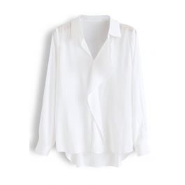 Hi-Lo Hem V-Neck Ruffle Front Shirt in White - Retro, Indie and Unique ...