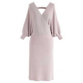 Batwing Sleeves Wrapped Knit Midi Dress in Dusty Pink - Retro, Indie ...