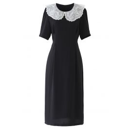 Embroidered Peter Pan Collar Black Chiffon Dress - Retro, Indie and ...