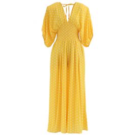 Dot Print Plunging Neck Shirred Wide-Leg Jumpsuit in Yellow - Retro ...