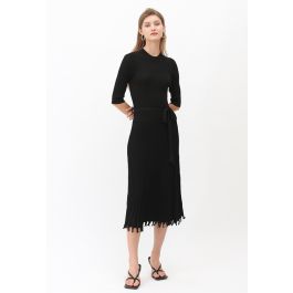 Mock Neck Fringed Hem Ribbed Knit Midi Dress in Black - Retro, Indie ...