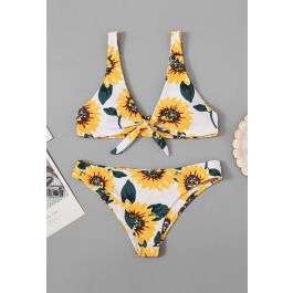 Sunflower Print Knot Front Low Rise Bikini Set - Retro, Indie and ...