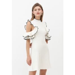 Ruffle Cold Shoulder Ribbed Knit Dress in White - Retro, Indie and ...