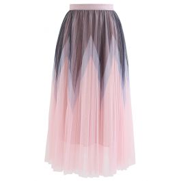 Zigzag Double-Layered Pleated Tulle Midi Skirt in Pink - Retro, Indie ...