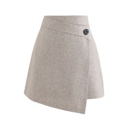 Button Flap Wool-Blended Mini Skirt in Light Tan