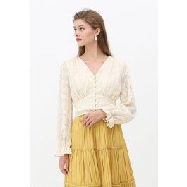 V-Neck Pearl Button Lace Top in Cream