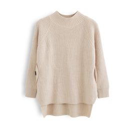 Button Side Hi-Lo Knit Sweater in Light Tan - Retro, Indie and Unique ...