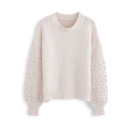 Bubble-Sleeve with Pom-Pom Detail Sweater in Cream - Retro, Indie and ...