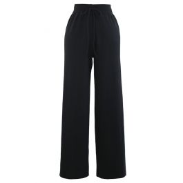 Straight Leg Drawstring Waist Knit Pants in Black - Retro, Indie and ...