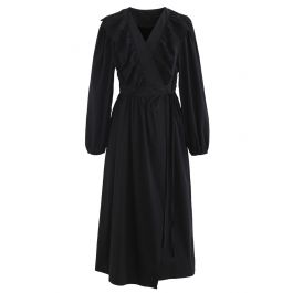 Eyelet Ruffle Front Wrap Long Sleeves Dress in Black - Retro, Indie and ...