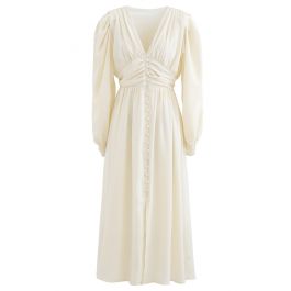 Puff Shoulder Ruched Button Down Chiffon Dress in Cream - Retro, Indie ...