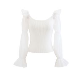 Organza Puff Sleeve Crop Knit Top in White - Retro, Indie and Unique ...