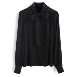 Lacy Edge Bowknot Textured Satin Top in Black - Retro, Indie and Unique ...