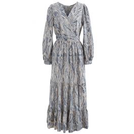 Paisley Floral Boho Wrap Frilling Dress in Dusty Blue - Retro, Indie ...