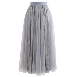 Shimmer Sequin Panelled Tulle Maxi Skirt in Grey - Retro, Indie and ...